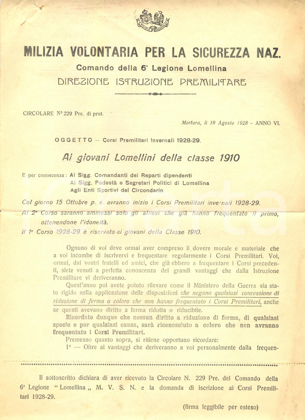 Documento originale, autentico 1928 MORTARA (PV) Comando 6^Legione LOMELLINA Corsi Premilitari invernali 1
