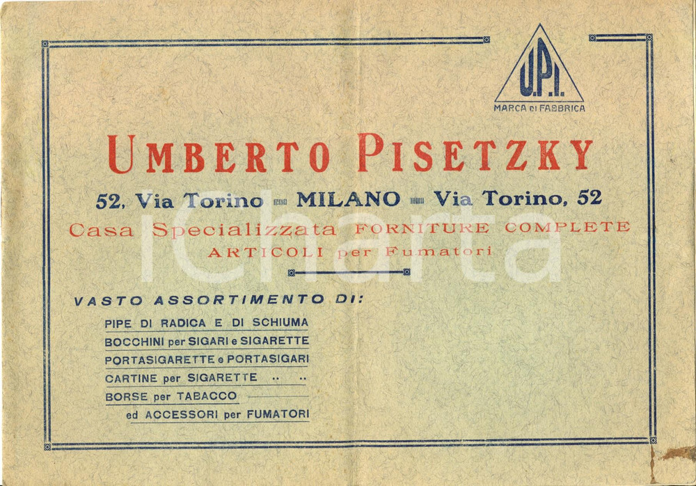 Materiale pubblicitario d’epoca 1925 ca MILANO Umberto PISETZKY casa specializzata articoli fumatori *ILLUSTRATO 1