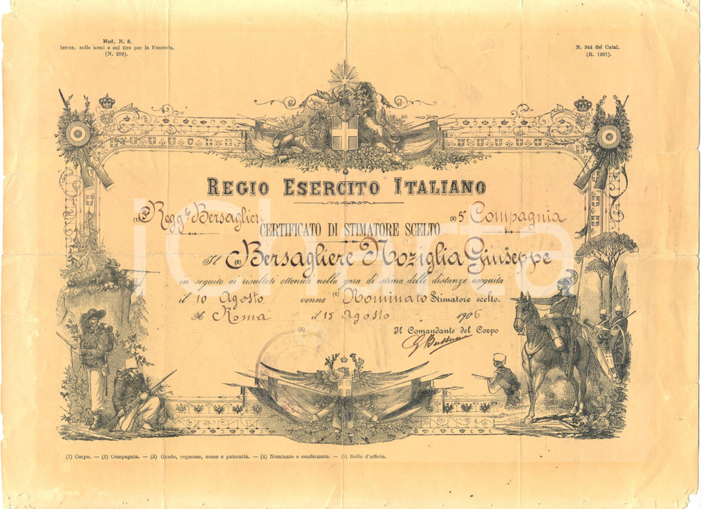 Documento originale, autentico 1906 ROMA REGGIMENTO BERSAGLIERI Giuseppe NOZIGLIA stimatore scelto DANNEGGIATO 1