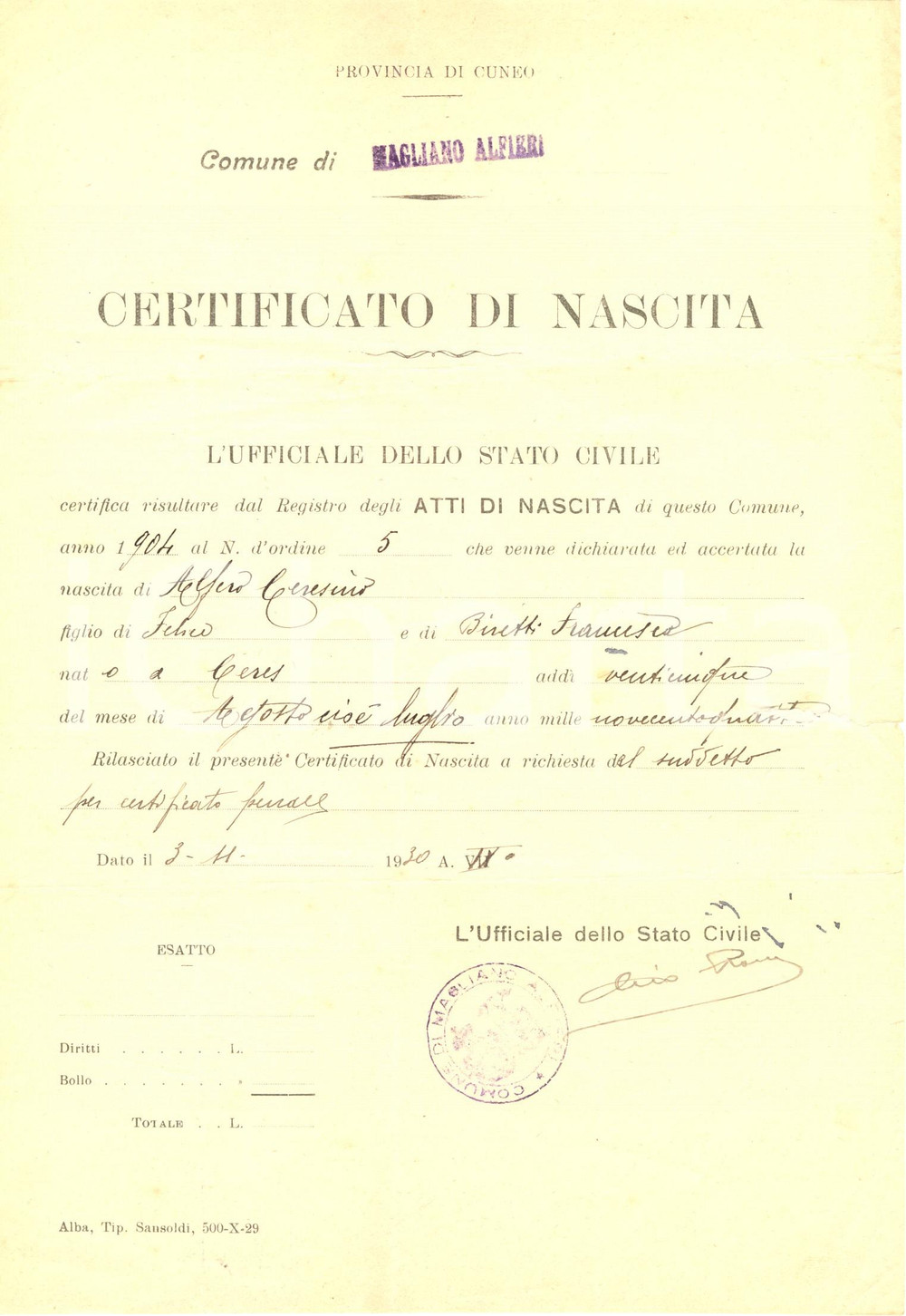 Documento originale, autentico 1930 MAGLIANO ALFIERI CN Certificato nascita Alfero CERESINO Documento 1