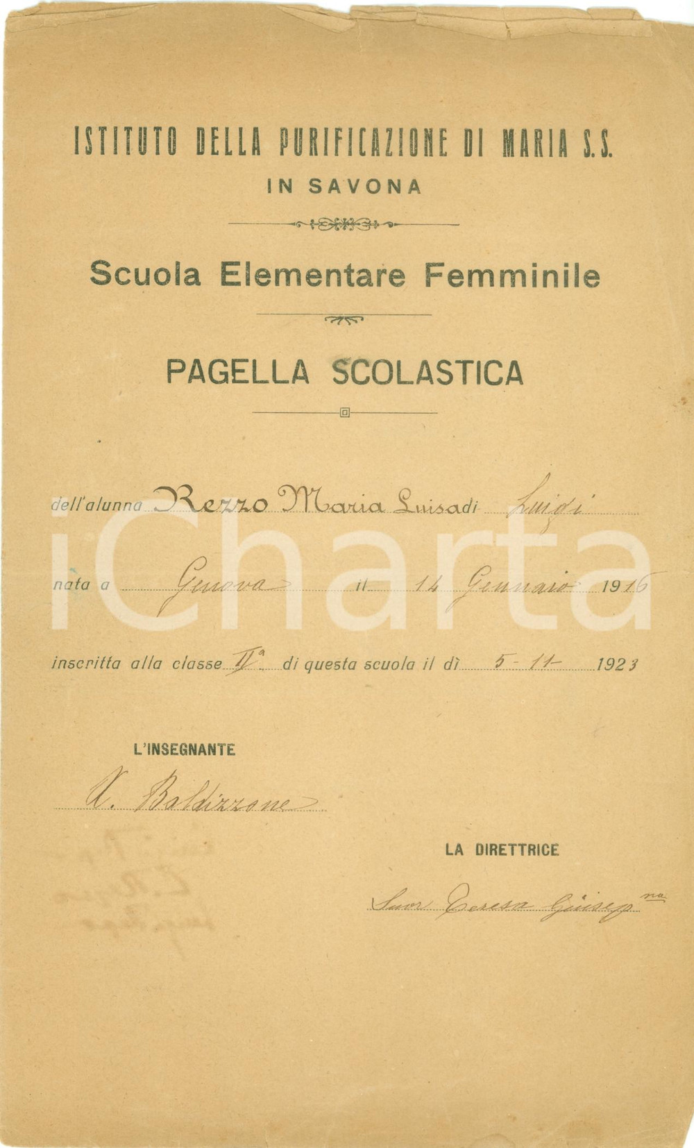 Oggetto da collezione cartaceo 1924 SAVONA IST. PURIFICAZIONE MARIA SANTISSIMA Pagella Maria Luisa REZZO 1