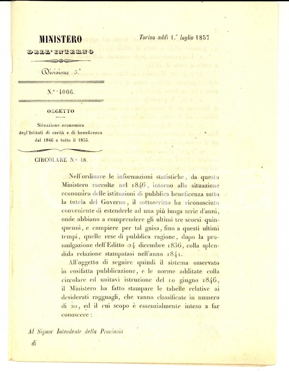 Documento originale, autentico 1857 TORINO Situazione economica istituti di carità dal 1846 *Circolare 1