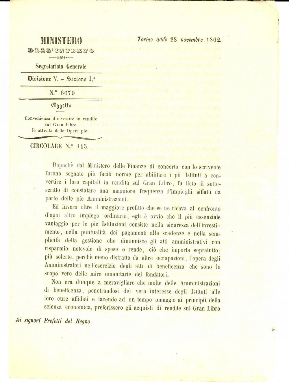 Documento originale, autentico 1862 TORINO OPERE PIE Convenienza d'investire in rendite sul Gran Libro (1) 1