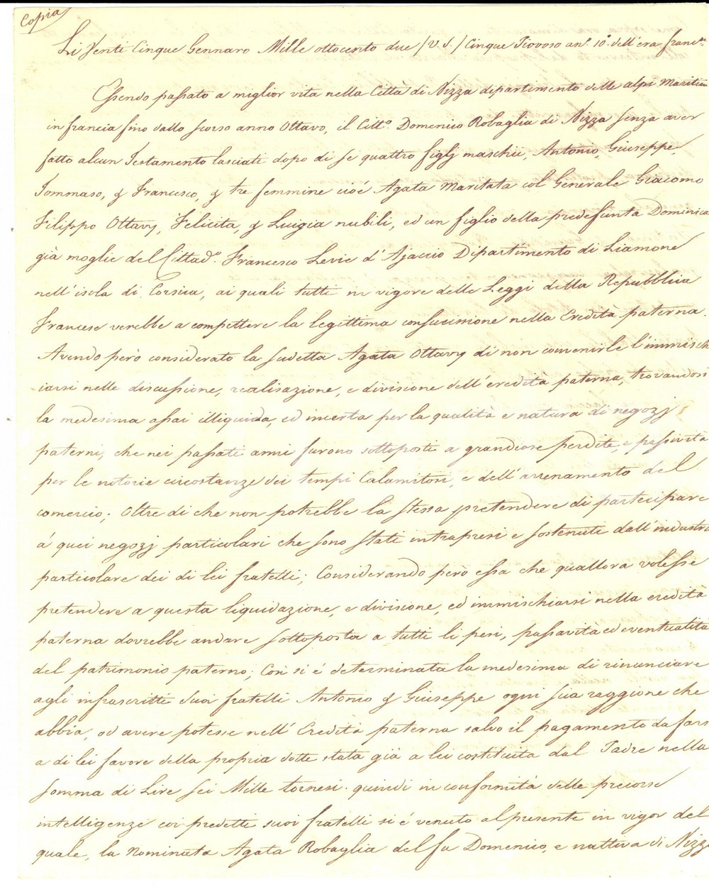 Manoscritto, lettera originale 1802 NIZZA Agata ROBAGLIA rinuncia a eredità devastata da RIVOLUZIONE FRANCESE 1