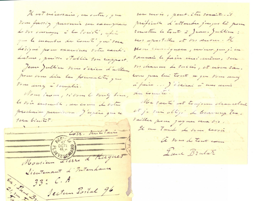 Autografo originale 1917 PARIS Paul BRULAT a Pierre d'HUGUES per la Société de Graphologie AUTOGRAFO 1