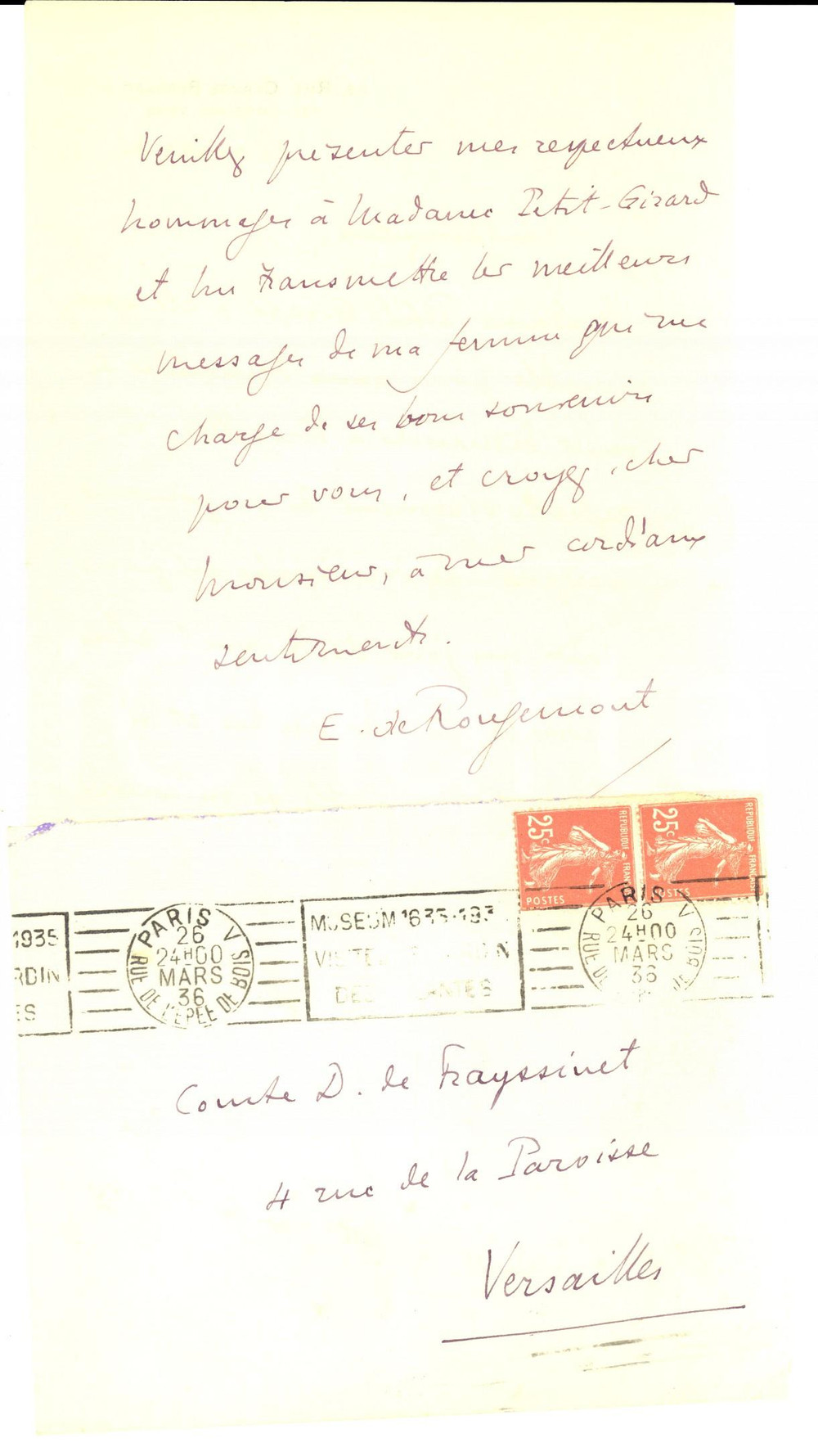 Autografo originale 1936 PARIS Grafologo Edouard de ROUGEMONT lavora anche la domenica AUTOGRAFO 1