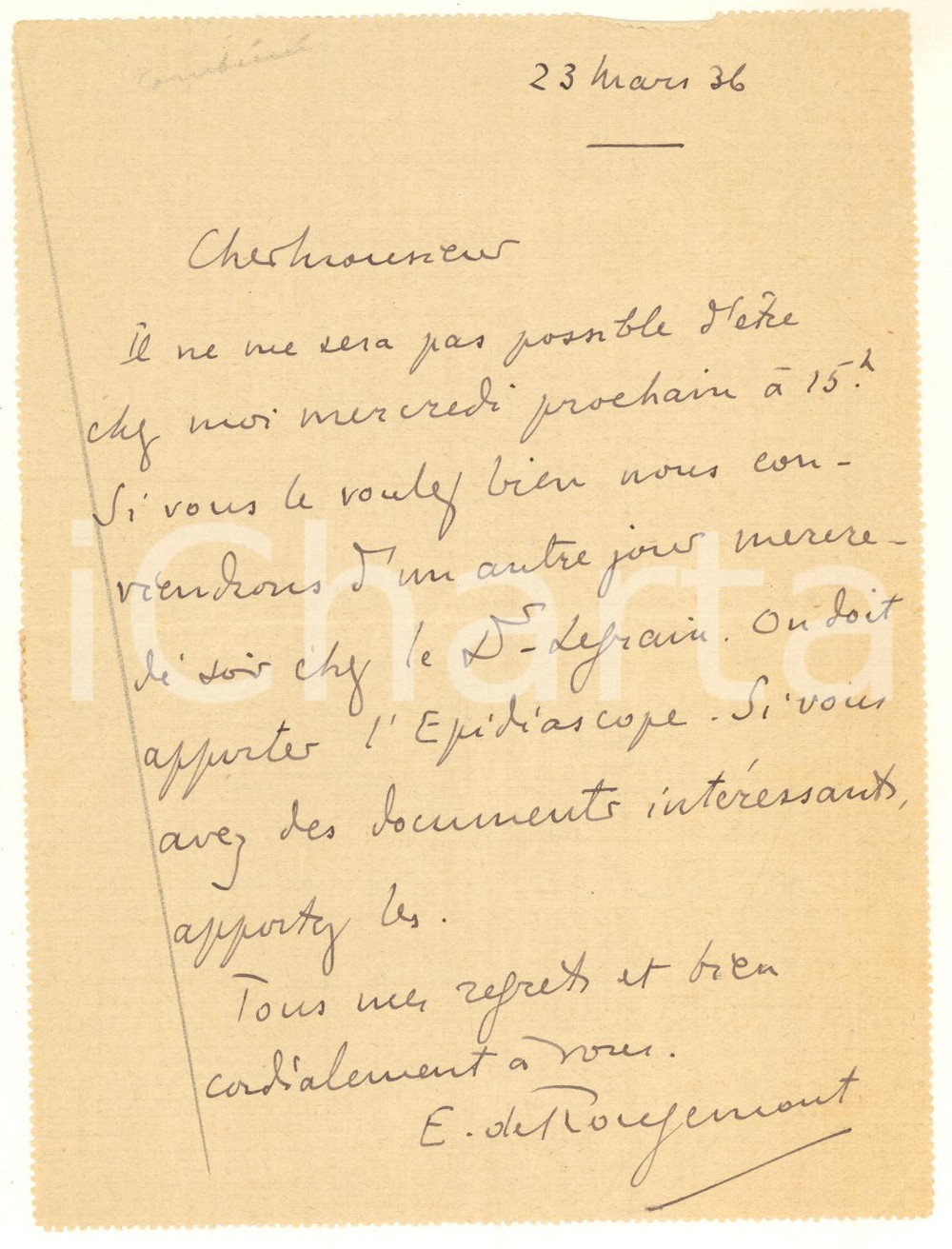 Autografo originale 1936 PARIS Grafologo Edouard de ROUGEMONT analizza documenti al proiettore 1