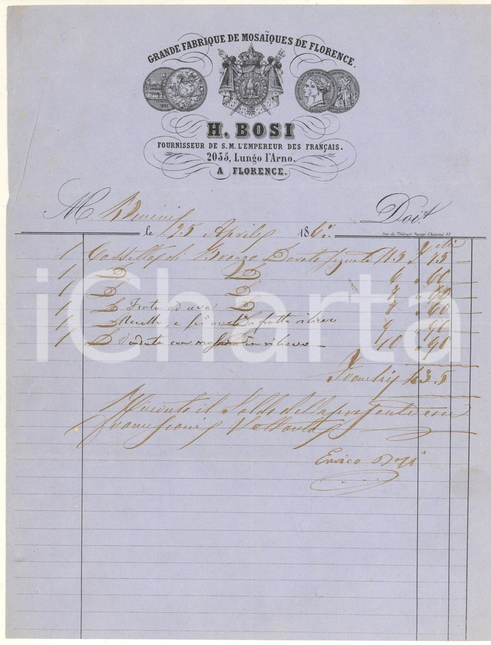 Documento originale, autentico 1861 FIRENZE Enrico BOSI  Fabbrica di mosaici Fattura intestata 1