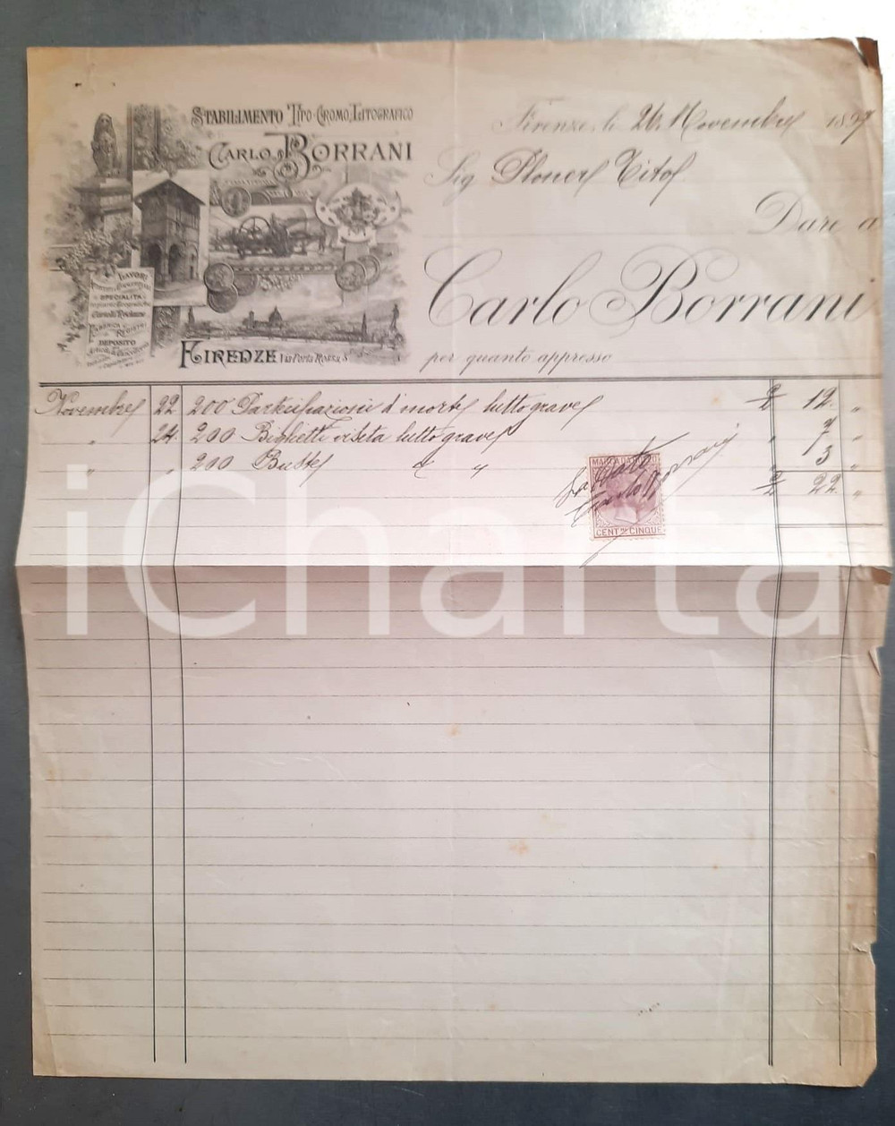 Documento originale, autentico 1897 FIRENZE Carlo BORRANI Stabilimento tipolitografico *Fattura intestata 1