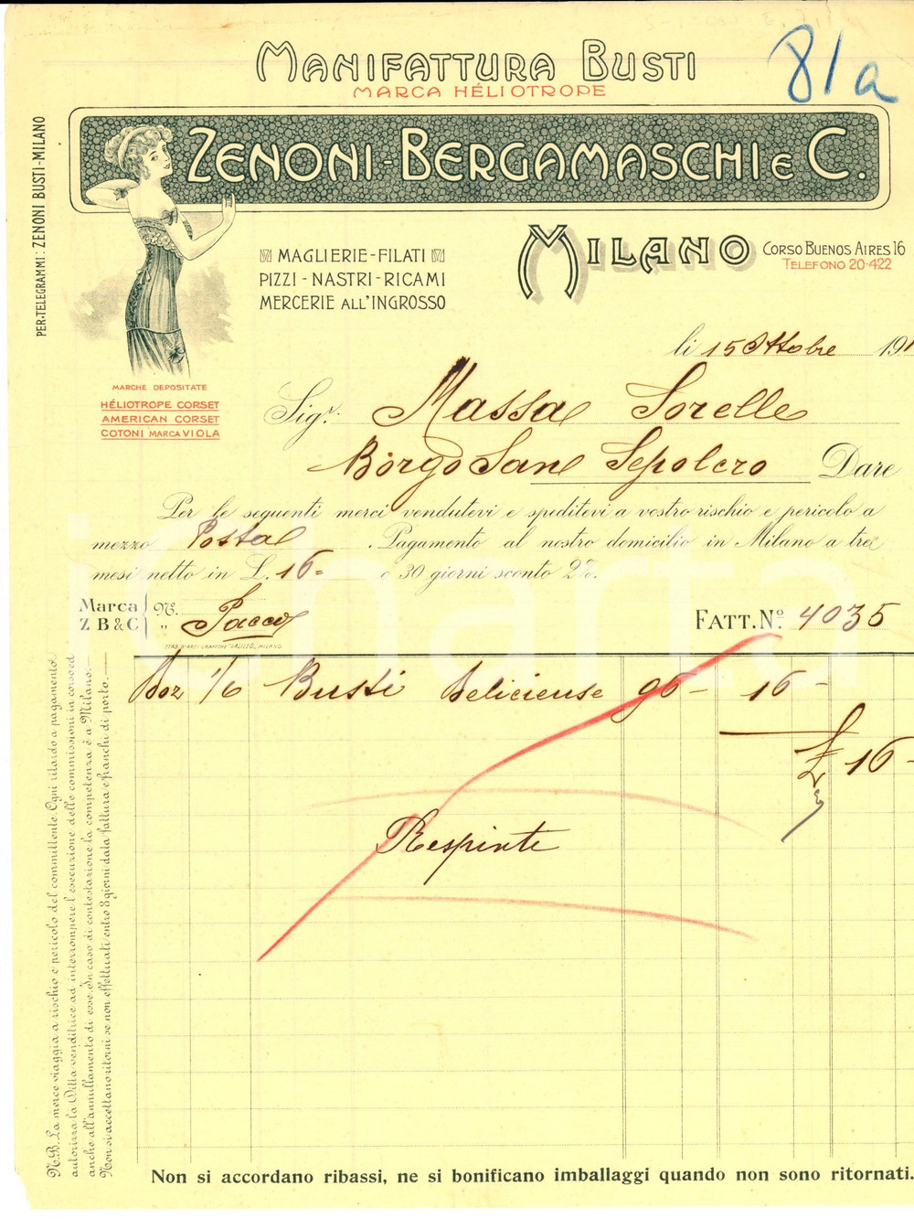 Documento originale, autentico 1914 MILANO Ditta ZENONI BERGAMASCHI & C.  Manifattura busti marca Héliotrope 1