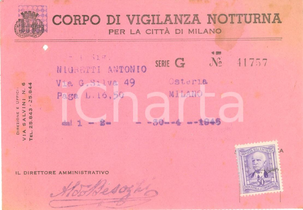 Documento originale, autentico 1945 MILANO RSI Corpo vigilanza notturna per osteria di Antonio NIGRETTI 1