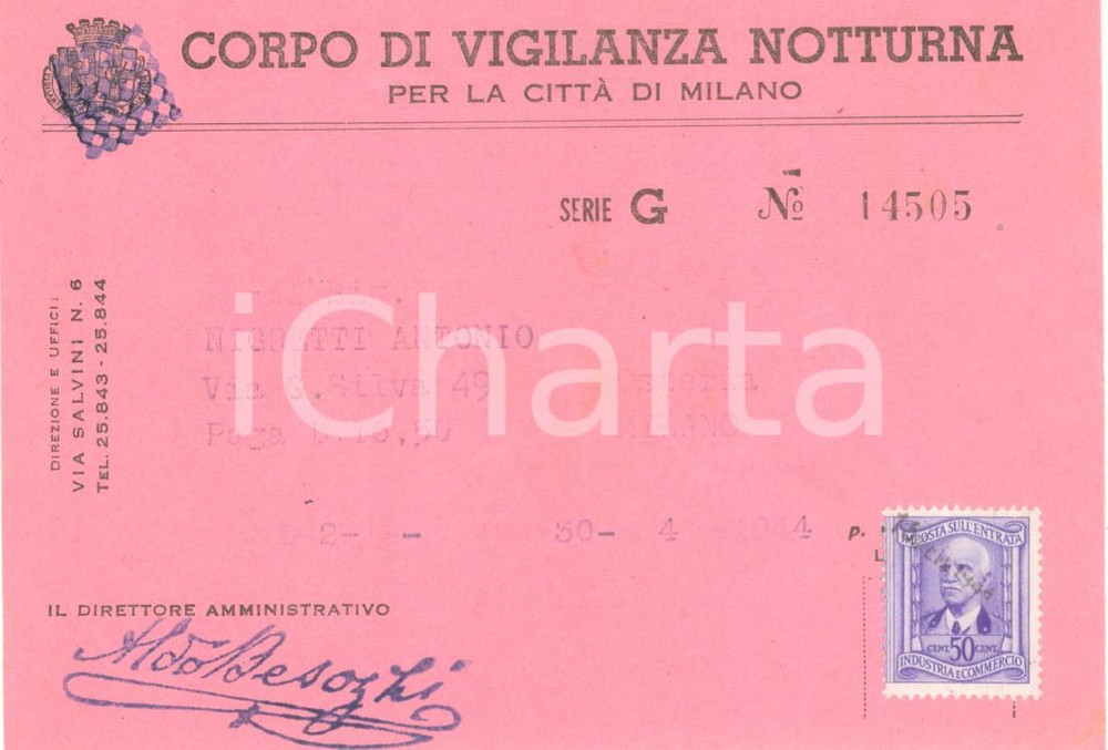 Documento originale, autentico 1944 MILANO RSI Antonio NIGRETTI disdice vigilanza notturna sull osteria 1