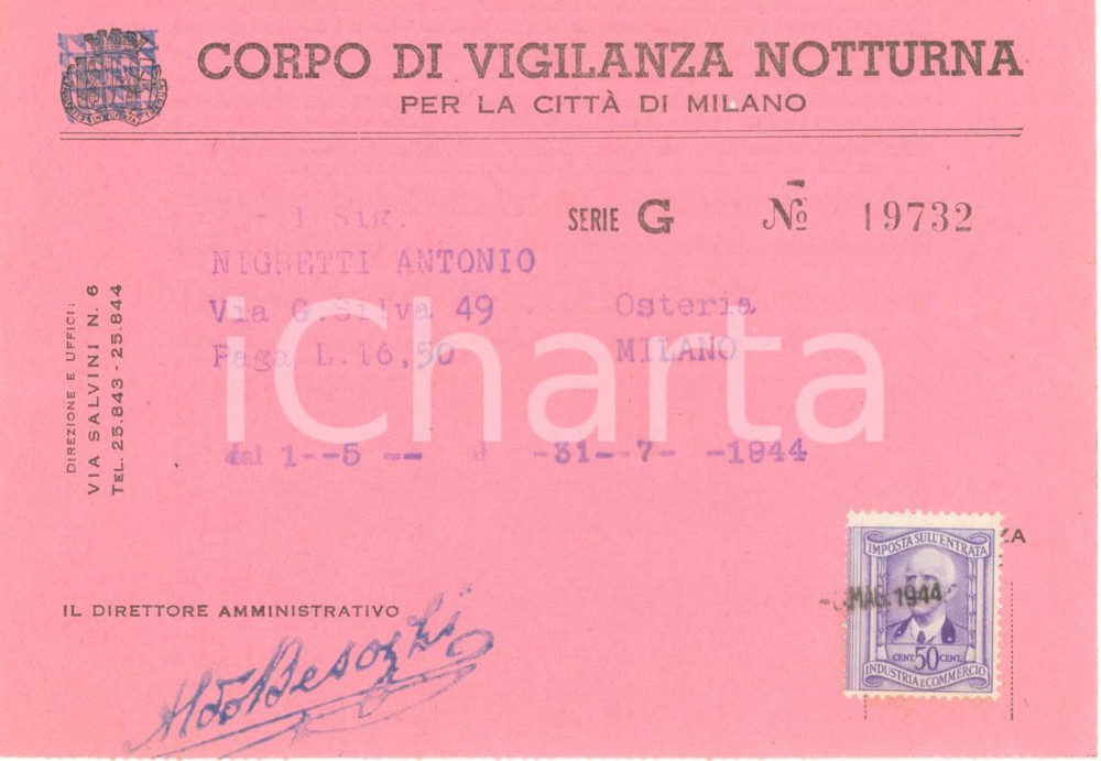 Documento originale, autentico 1944 MILANO RSI Corpo vigilanza notturna per osteria di Antonio NIGRETTI 1