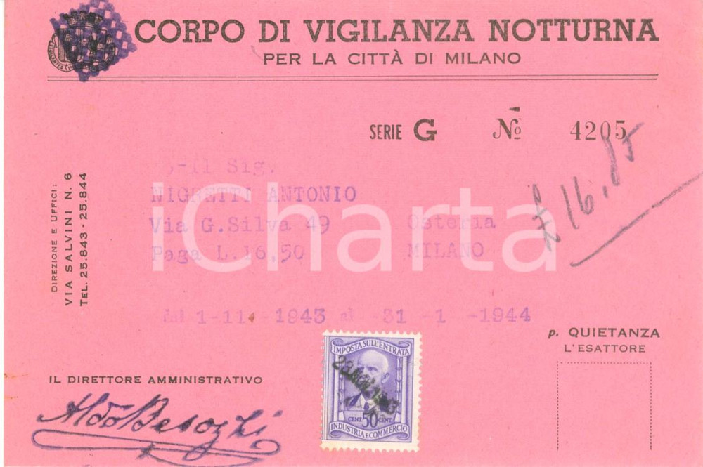 Documento originale, autentico 1943-1944 MILANO RSI Corpo vigilanza notturna per osteria di Antonio NIGRETTI 6 1