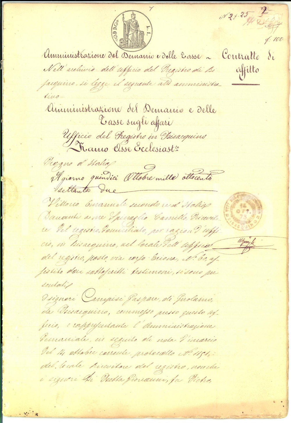 Documento originale, autentico 1872 CONTESSA ENTELLINA PA Bosco concesso in affitto a Giovanni DI BETTA 1