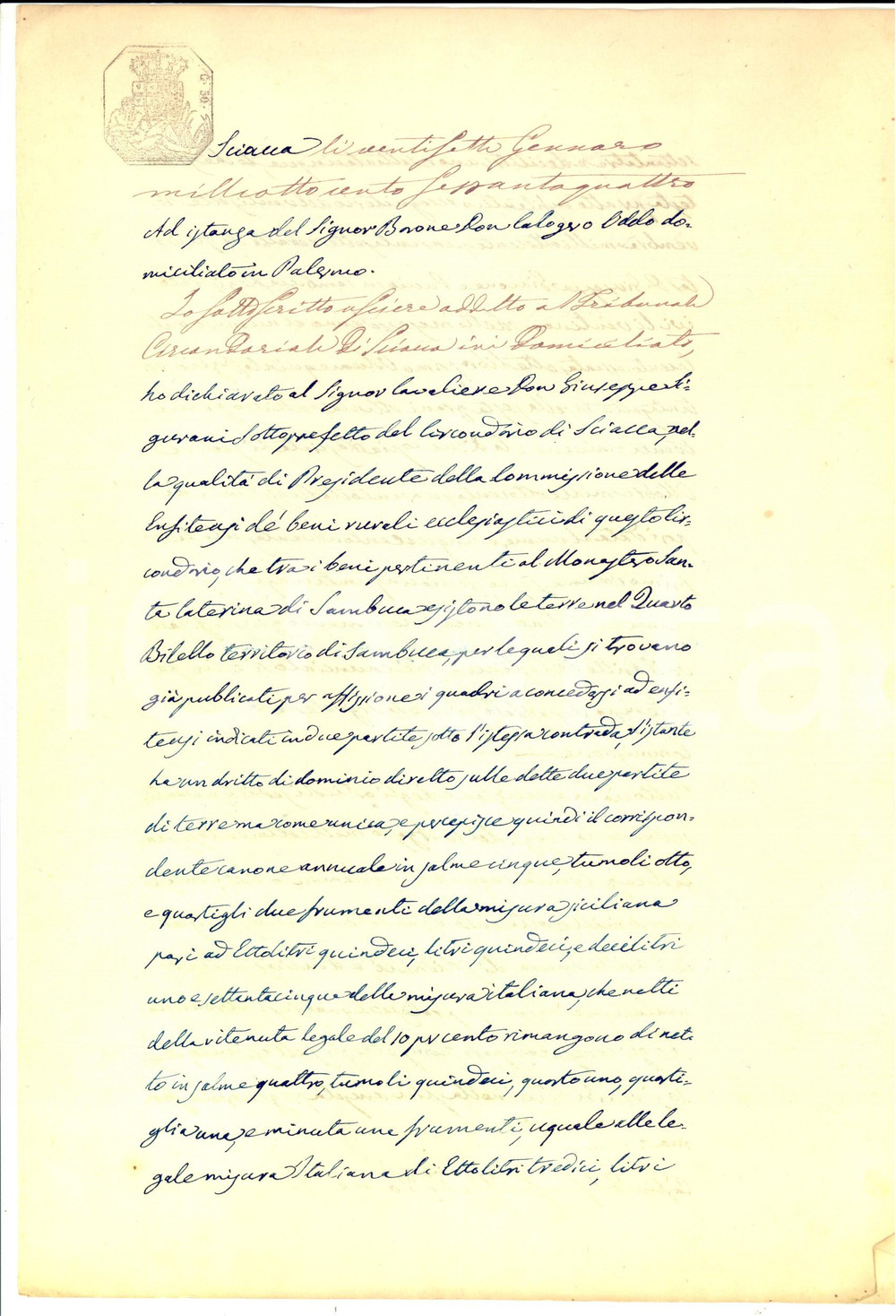 Documento originale, autentico 1864 SAMBUCA AG Terre del monastero SANTA CATERINA da concedere in enfiteusi 1