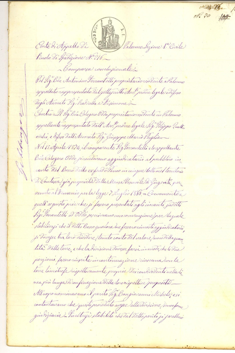Documento originale, autentico 1876 CONTESSA ENTELLINA Bosco barone ODDO con affitto di case alle Regie Truppe 1