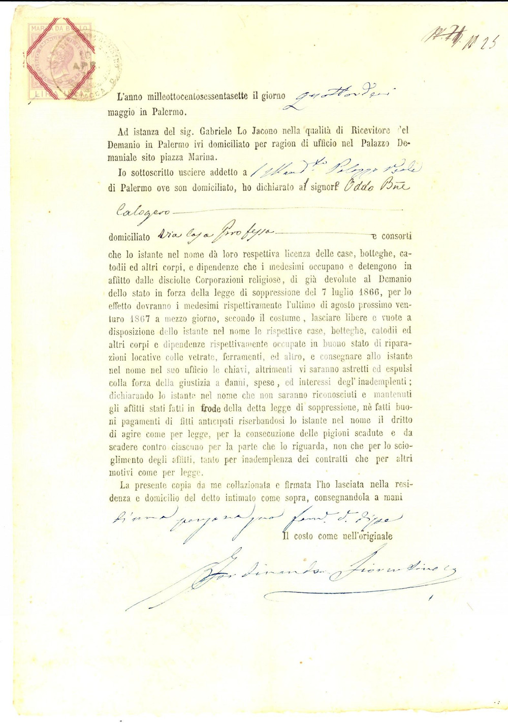 Documento originale, autentico 1867 PALERMO Licenza al barone Calogero ODDO su beni di conventi soppressi 1