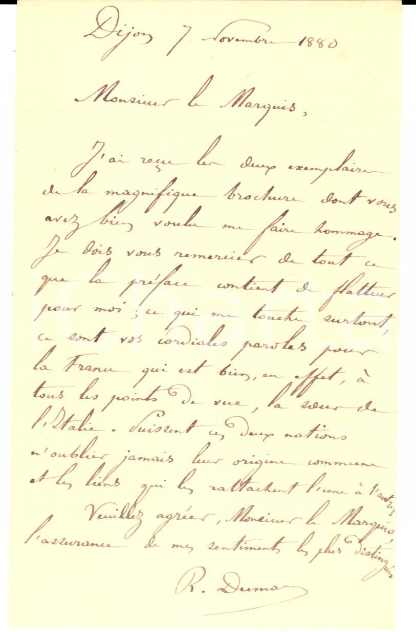Autografo originale 1880 DIJON La France est la soeur de l Italie Autographe Raymond DUMAS 1