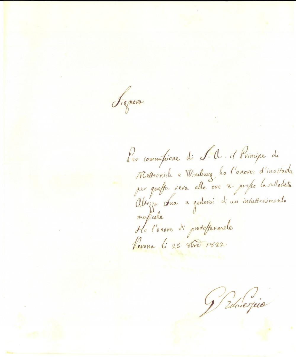 Autografo originale 1822 VERONA Invito marchese ZANETTI a serata METTERNICH Giambattista DA PERSICO 1