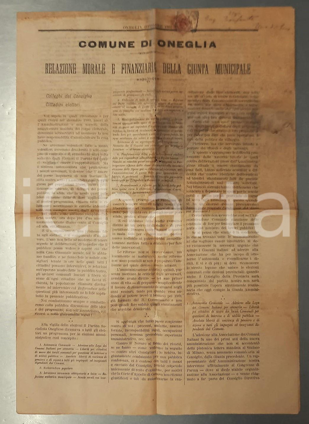 Documento originale, autentico 1902 ONEGLIA Relazione morale e finanziaria della giunta municipale SOCIALISTA 1