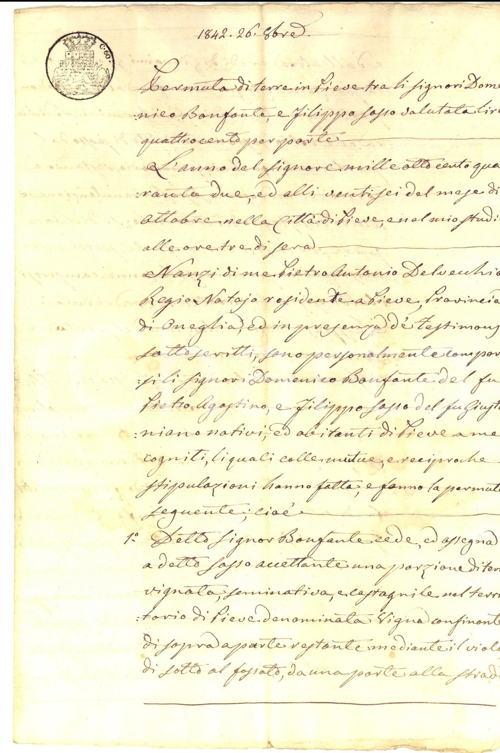 Documento originale, autentico 1842 PIEVE DI TECO IM Permuta terre tra Domenico BONFANTE e Filippo SASSO 1