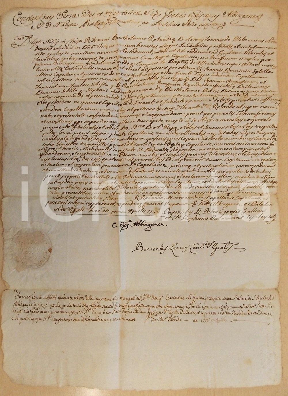 Documento originale, autentico 1756 ALBENGA (SV) Investitura a don Giovanni ROLANDO per beneficio ecclesiastico 1