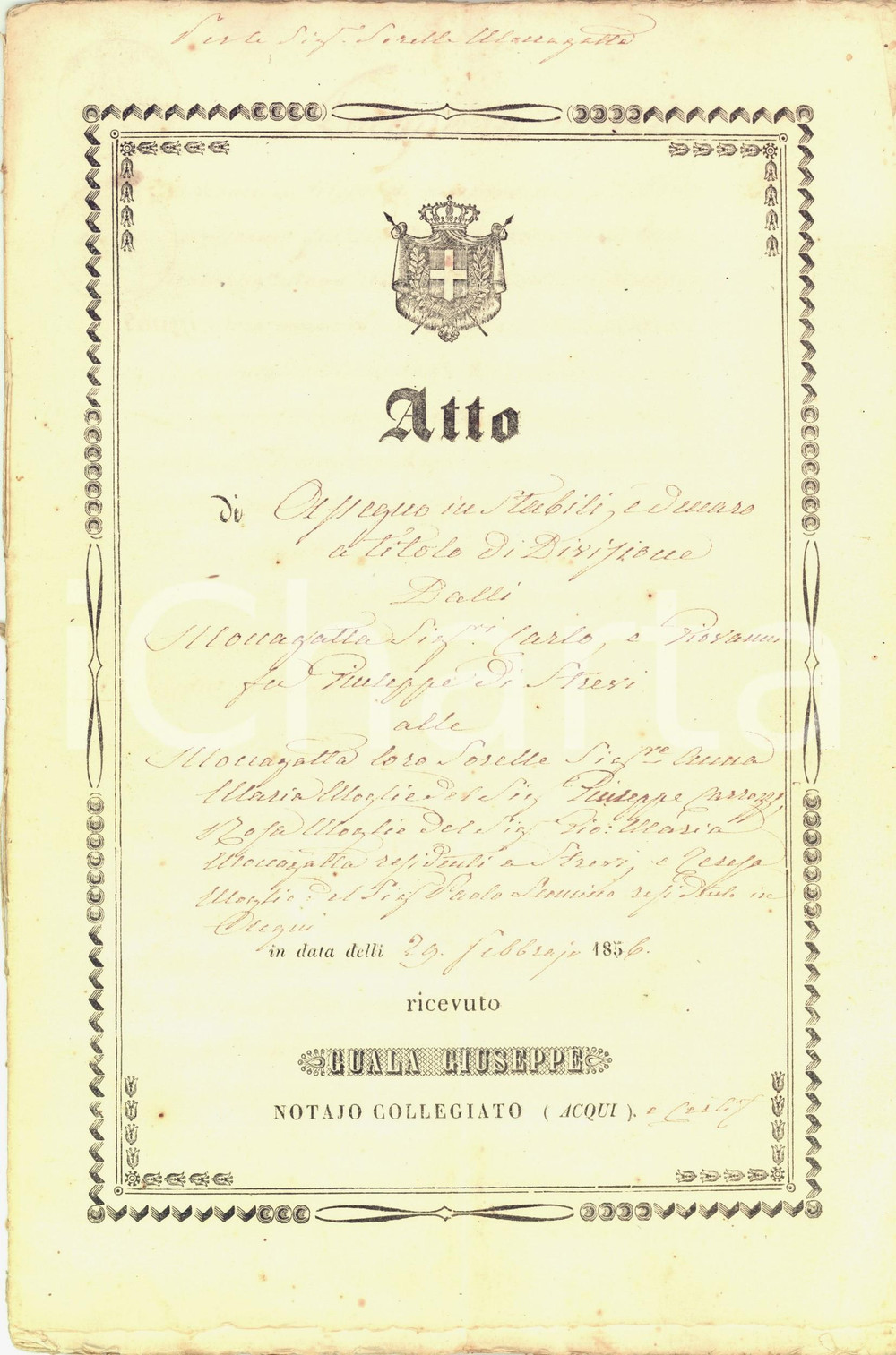 Documento originale, autentico 1856 STREVI AL Assegnazione stabili alle sorelle MOCCAGATTA per eredità 1