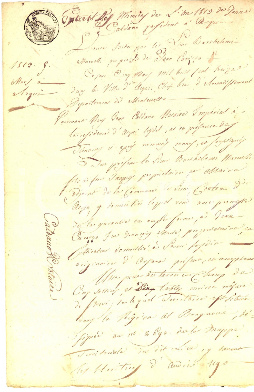 Documento originale, autentico 1813 STREVI AL Bartolomeo MARVELLI vende terra a Giovanni CAROZZO Manoscritto 1
