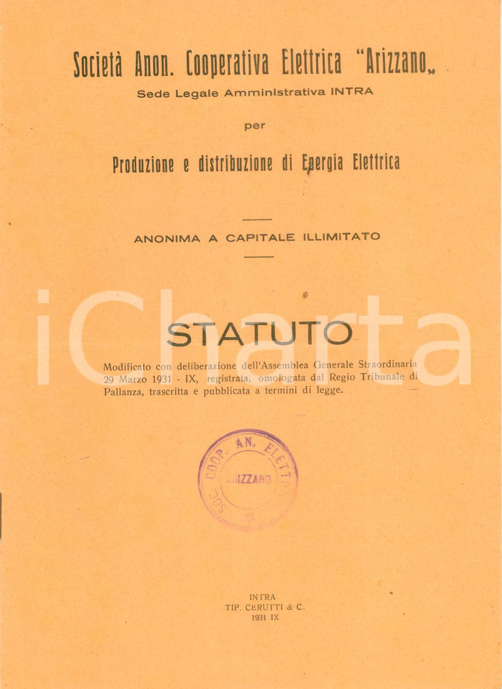 Libro, pubblicazione d epoca 1931 VERBANIA INTRA Società Cooperativa Elettrica ARIZZANO  Statuto 1