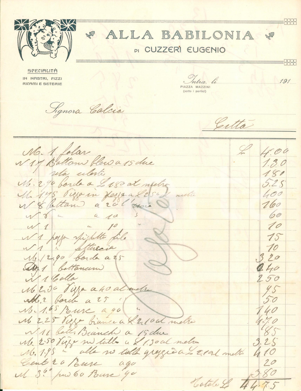 Documento originale, autentico 1910 ca VERBANIA INTRA Eugenio CUZZERI Alla Babilonia nastri pizzi Fattura 1