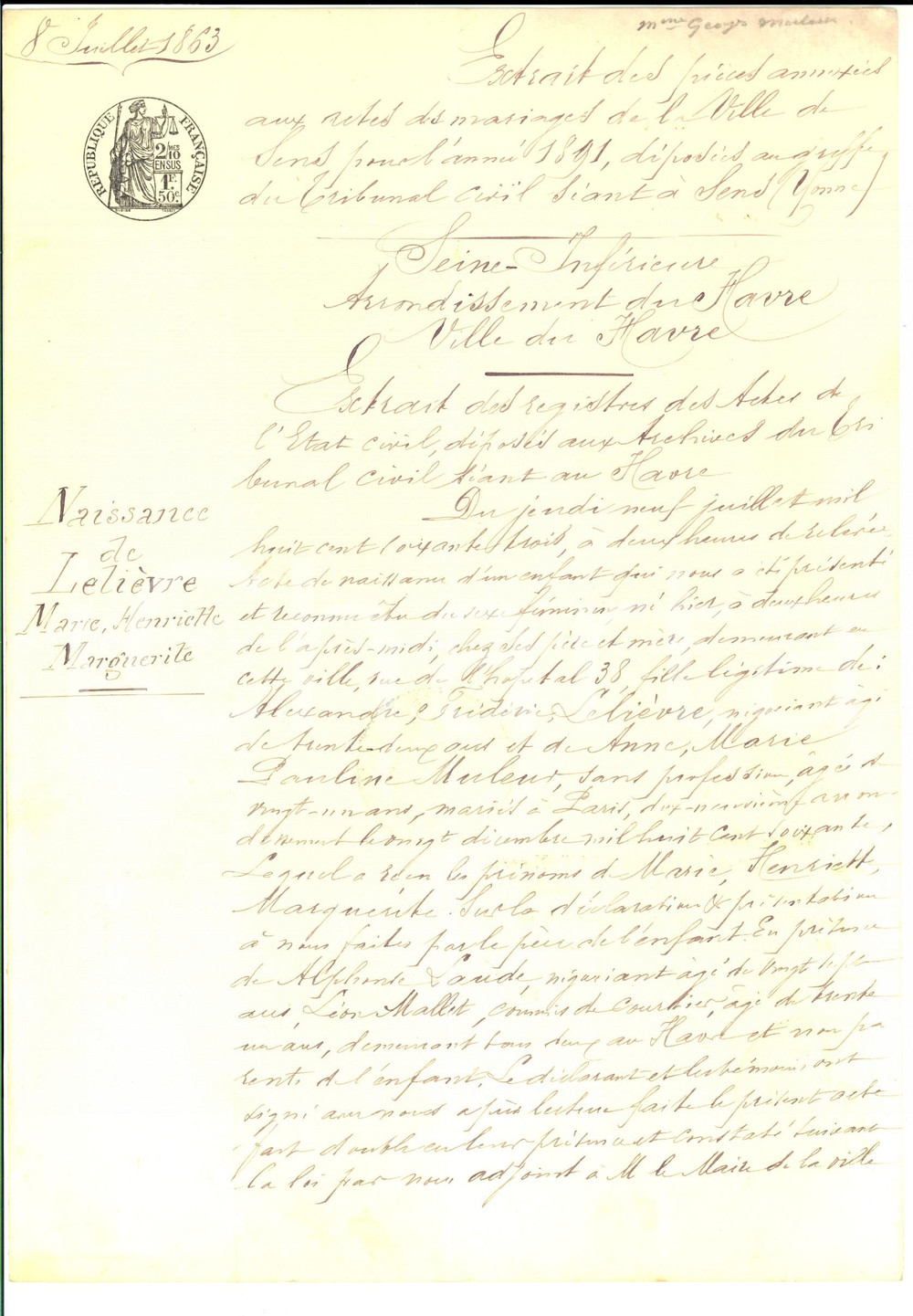 Documento originale, autentico 1891 LE HAVRE FRANCE Certificat de naissance de Marie Henriette LELIEVRE 1