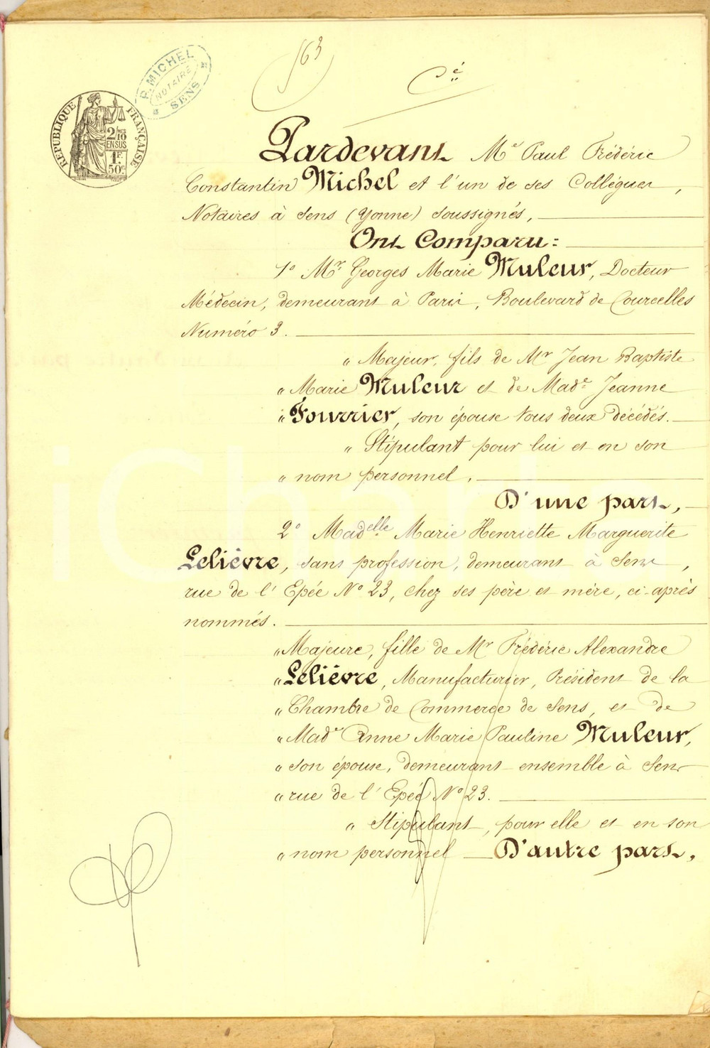Documento originale, autentico 1891 SENS F Contratto di nozze e dote personale chirurgo Georges Marie MULLER 1
