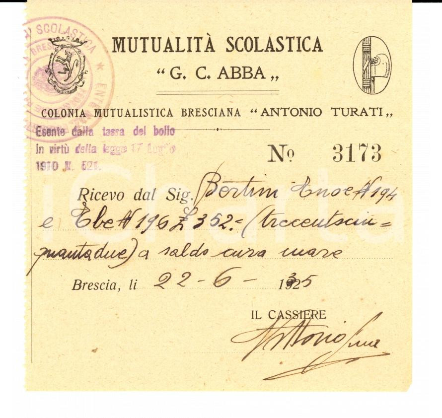 Oggetto da collezione cartaceo 1935 BRESCIA Ricevuta colonia mutualistica Antonio TURATI 1