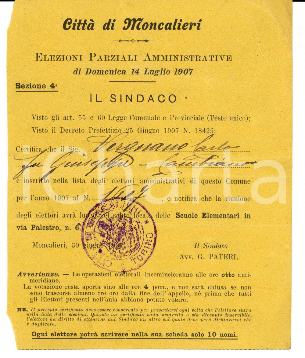Oggetto da collezione cartaceo 1909 MONCALIERI TO Tessera elettorale di Carlo VERGNANO 1