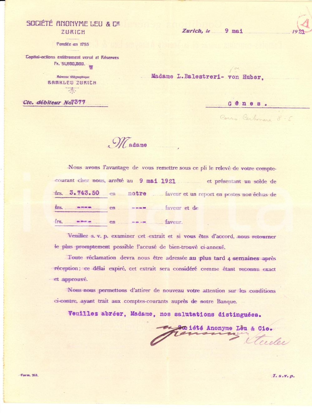 Manoscritto, lettera originale 1921 ZURICH Lettre Société Anonyme LEU & CIE 1