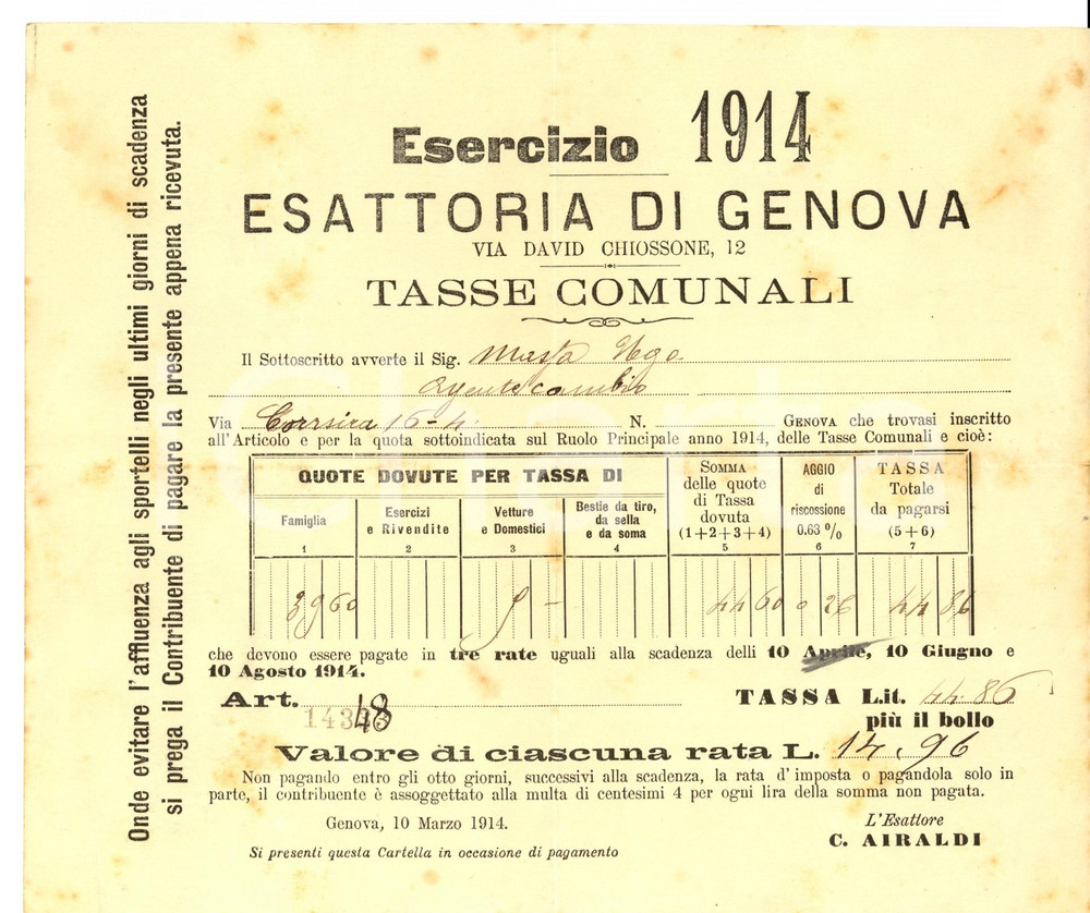 Documento originale, autentico 1914 ESATTORIA DI GENOVA Imposizione su famiglia Ugo MASSA 1