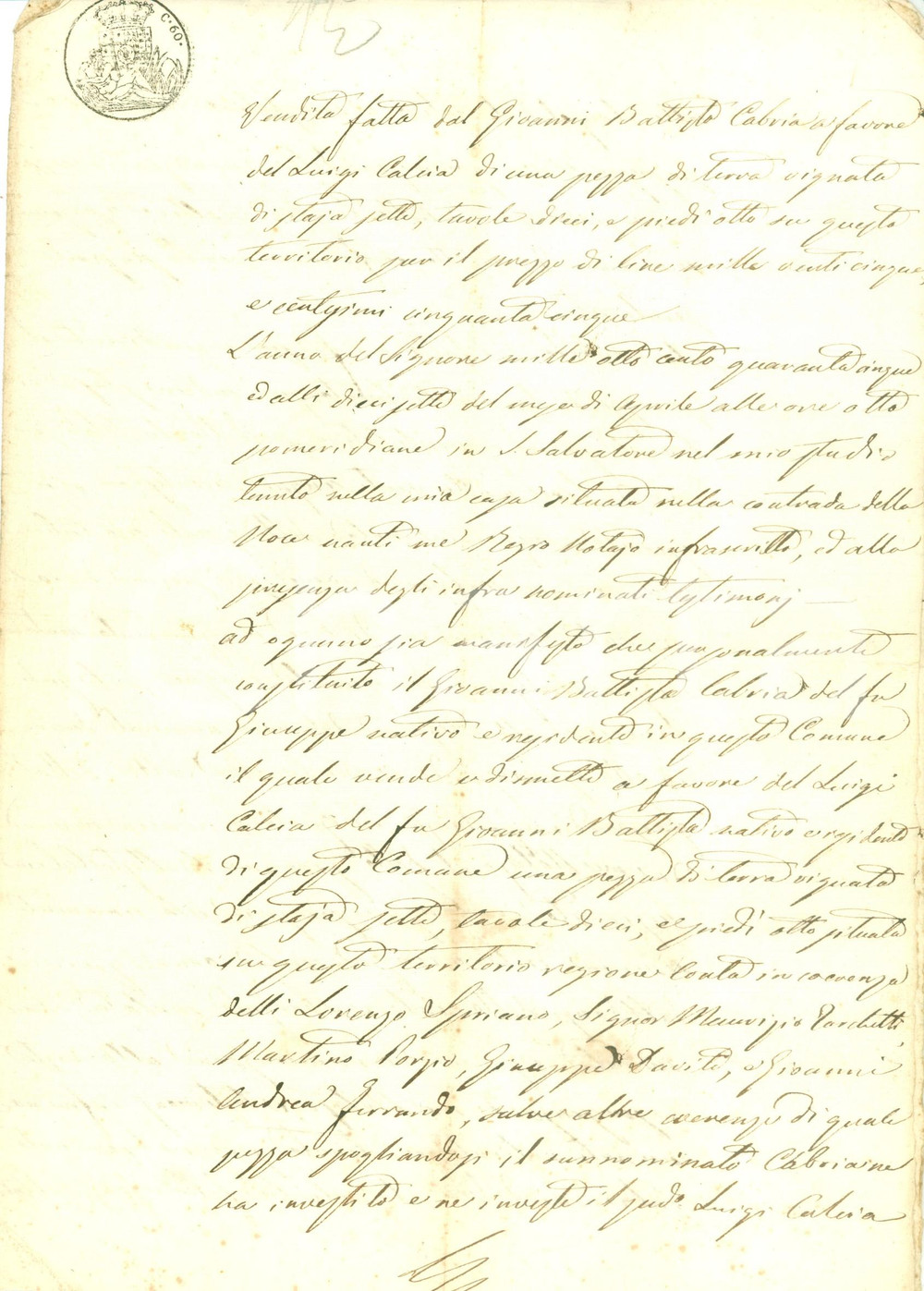 Documento originale, autentico 1845 SAN SALVATORE MONFERRATO Giovanni Battista CALCIA vende vigna Luigi CALCIA 1