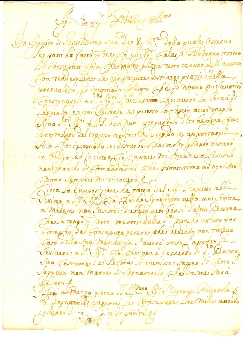 Documento originale, autentico 1736 GENOVA Lettera d'affari Giuseppe CAPURRO ad Agostino SIBILLA *Lettera 1