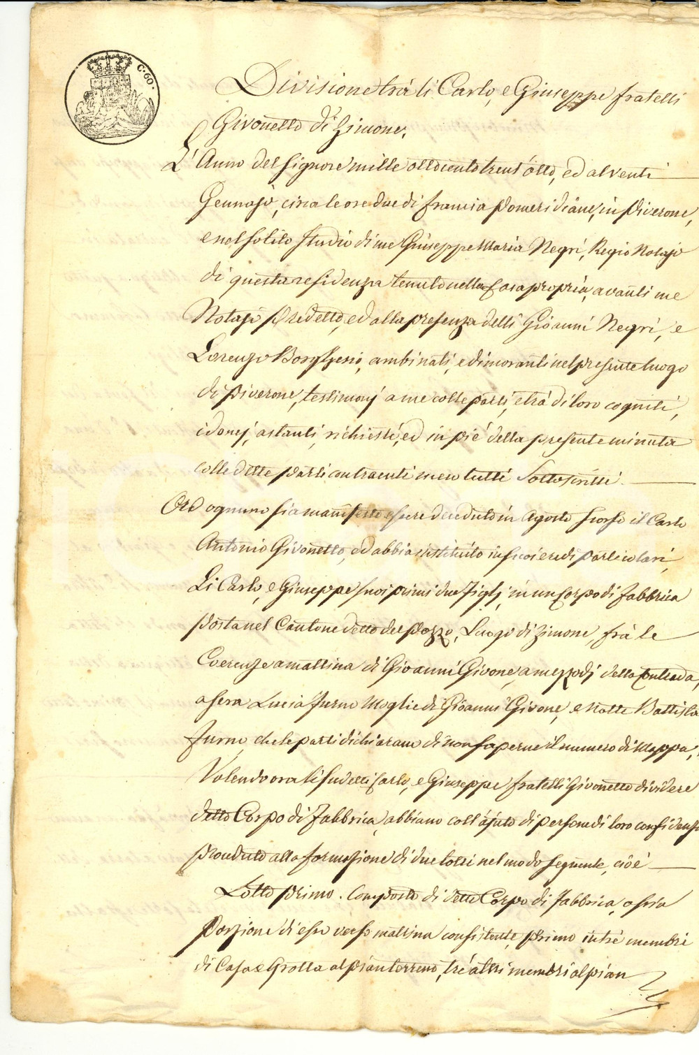 Documento originale, autentico 1838 ZIMONE BI Divisione eredità  fratelli Carlo e Giuseppe GIVONETTO 1