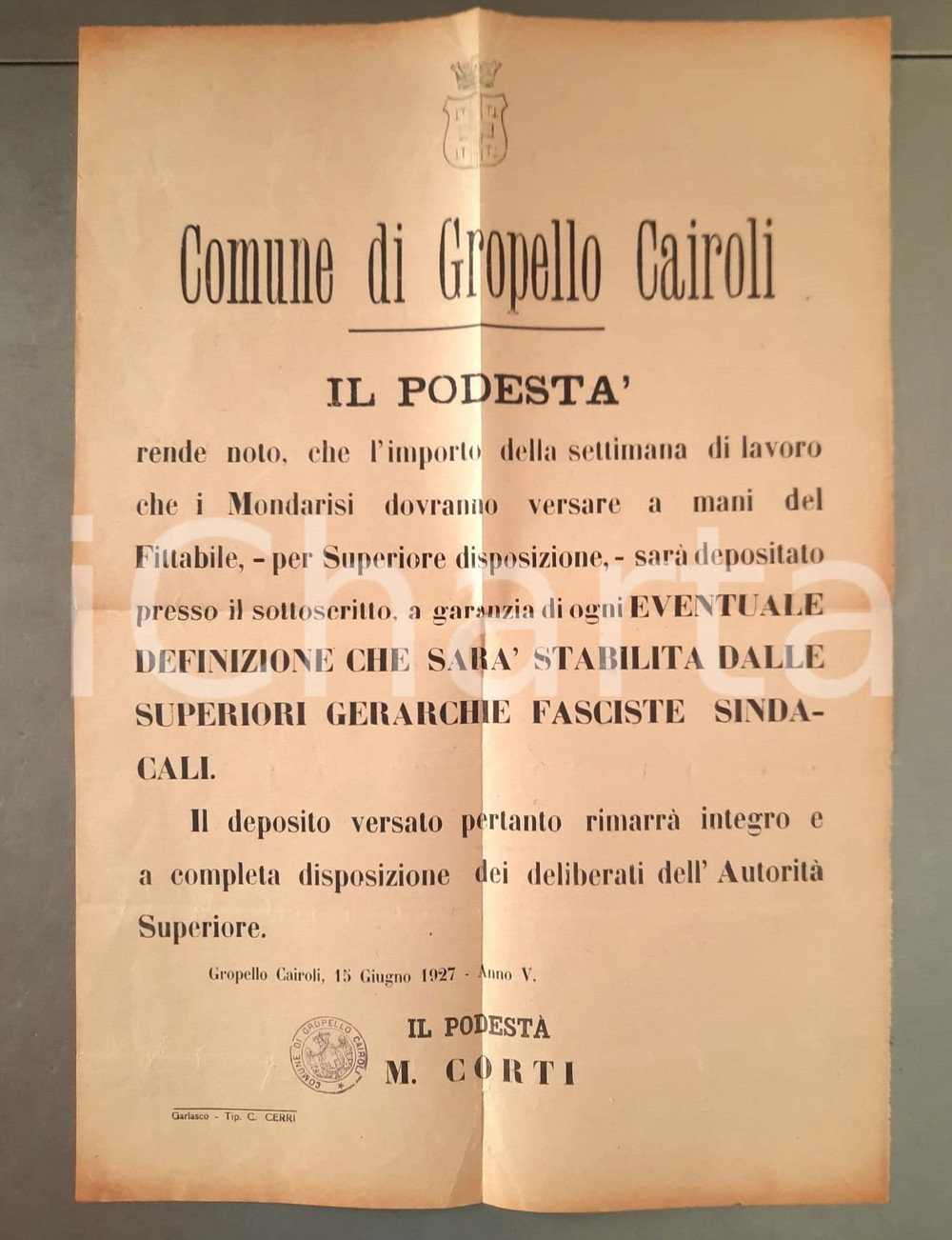 Documento originale, autentico 1927 GROPELLO CAIROLI (PV) Sindacati fascisti sui mondarisi MANIFESTO 1