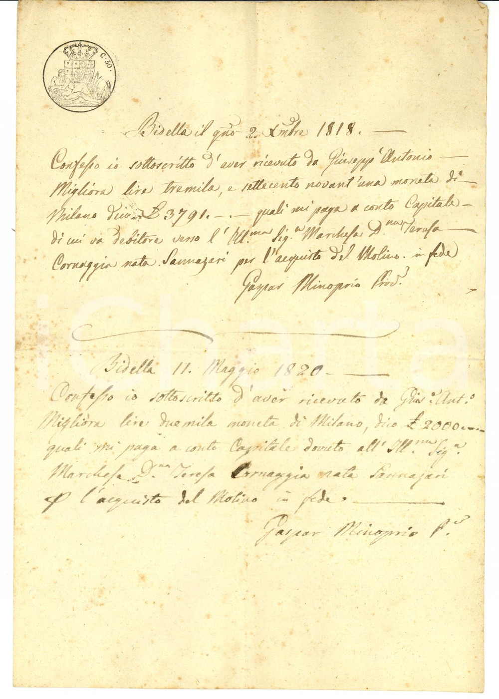 Documento originale, autentico 1818 LA BIDELLA RIVANAZZANO PV Acquisto mulino Teresa SANNAZZARO CORNAGGIA 1