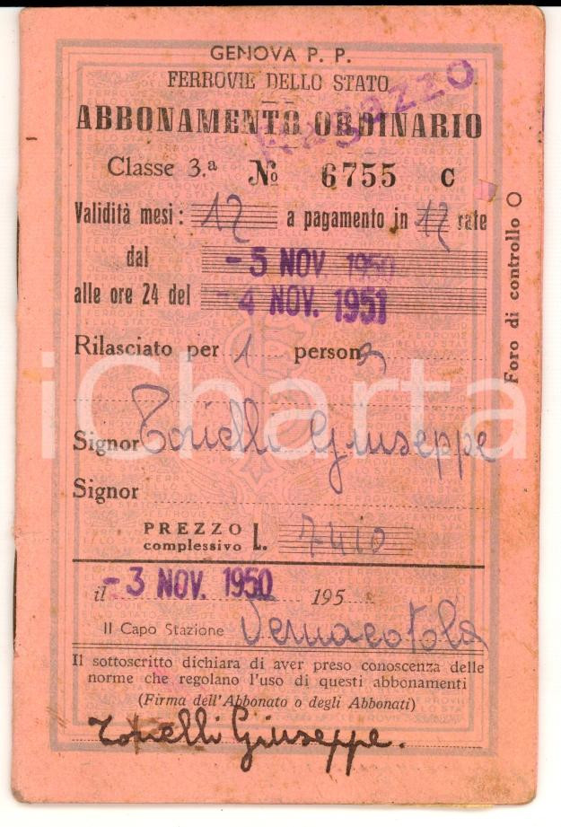 Oggetto da collezione cartaceo 1950 FERROVIE DELLO STATO Abbonamento ALICE BELCOLLE  ACQUI Giuseppe TORIELLI 1