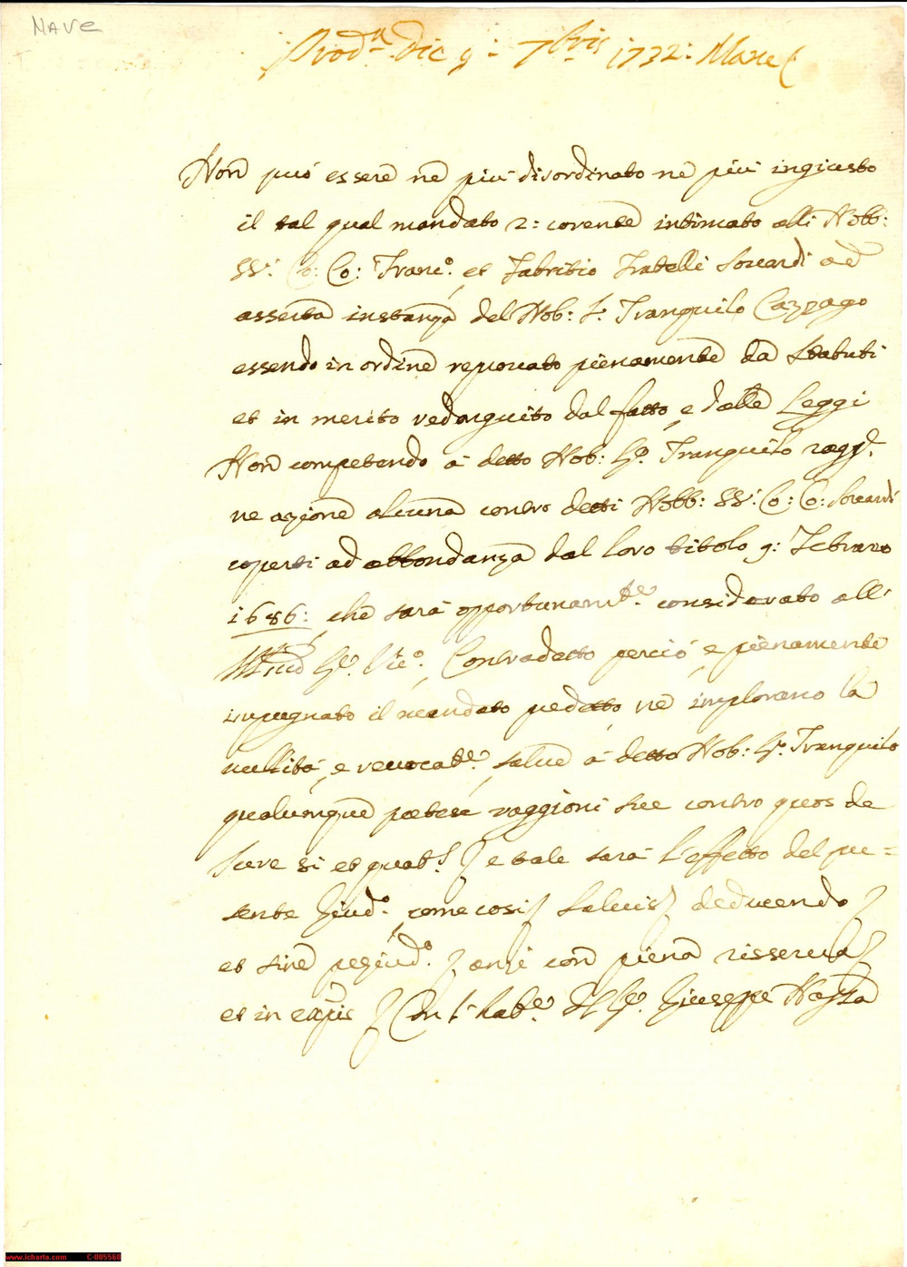 Manoscritto, lettera originale 1732 NAVE BS Lite CAZZAGO  SUARDI per uso titoli nobiliari 1