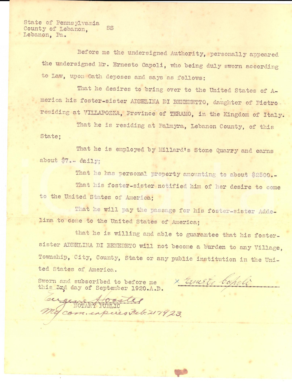Documento originale, autentico 1920 LEBANON USA Ernesto CAPOLI fa emigrare la sorella Addelina DI BENEDETTO 1