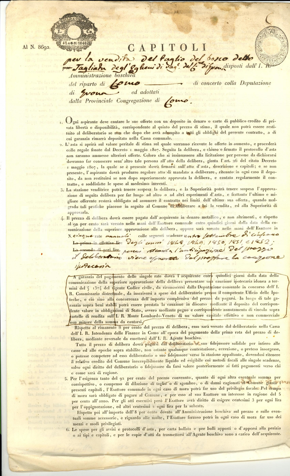 Documento originale, autentico 1853 GRONA (CO) Taglio della legna nel bosco TAGLIA DEGLI EGHENI 1