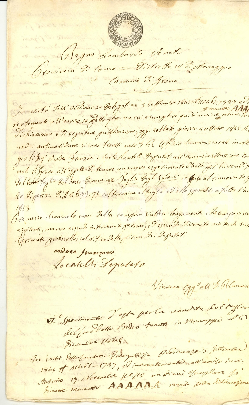 Documento originale, autentico 1848 GRONA (CO) Asta sulla legna del bosco TAGLIA DEGLI EGHENI 1
