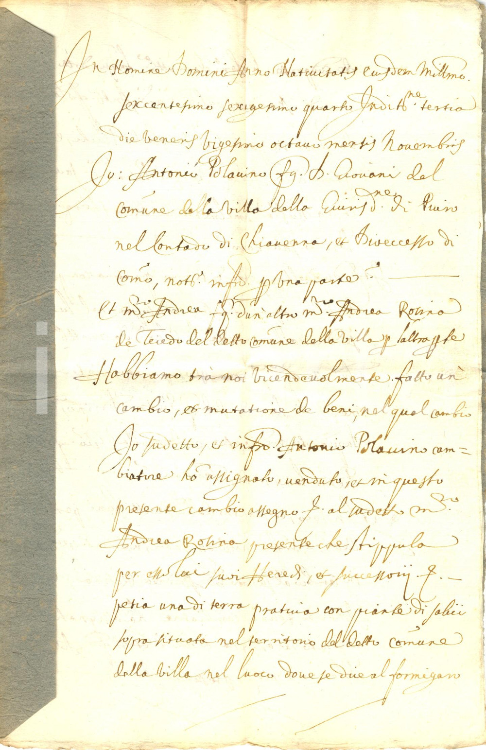 Documento originale, autentico 1664 PIURA SO Permuta di terre prative tra Antonio POLAVINO e Andrea ROSINA 1