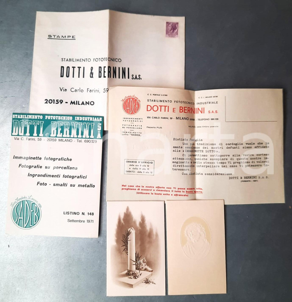 Materiale pubblicitario d’epoca 1971 MILANO Ditta DOTTI & BERNINI Santini da lutto Listino pubblicitario 1