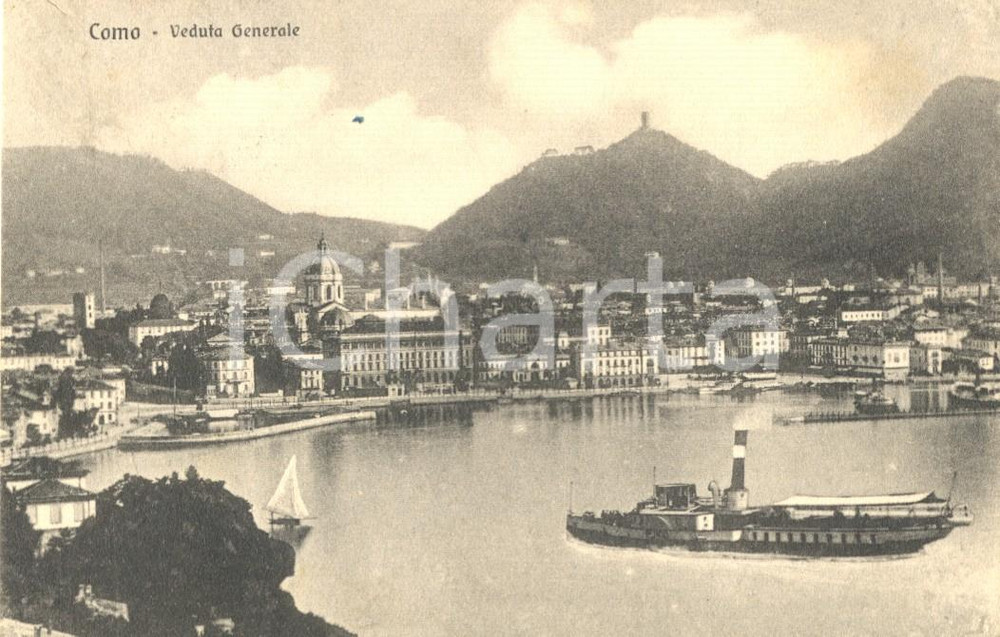 Fotografia d epoca originale 1922 COMO Veduta lago con battello a vapore  Fotomontaggio Cartolina FP VG 1